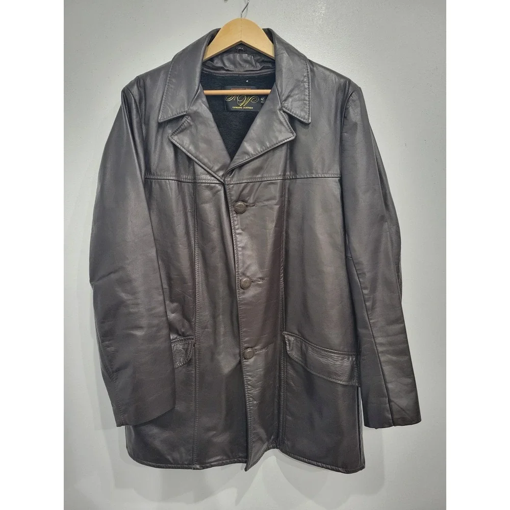 Montgomery Ward Vintage Brown Leather Car Coat Faux Fur Lined Mens 42 Tall